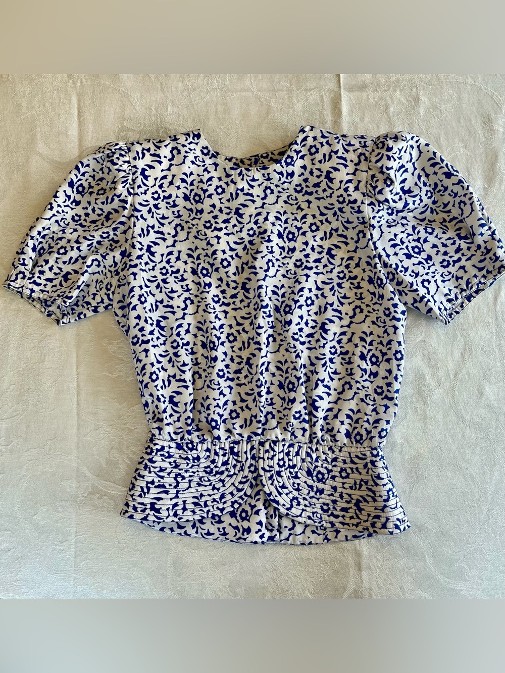 Women's Vintage Blue and White Floral Silky Top